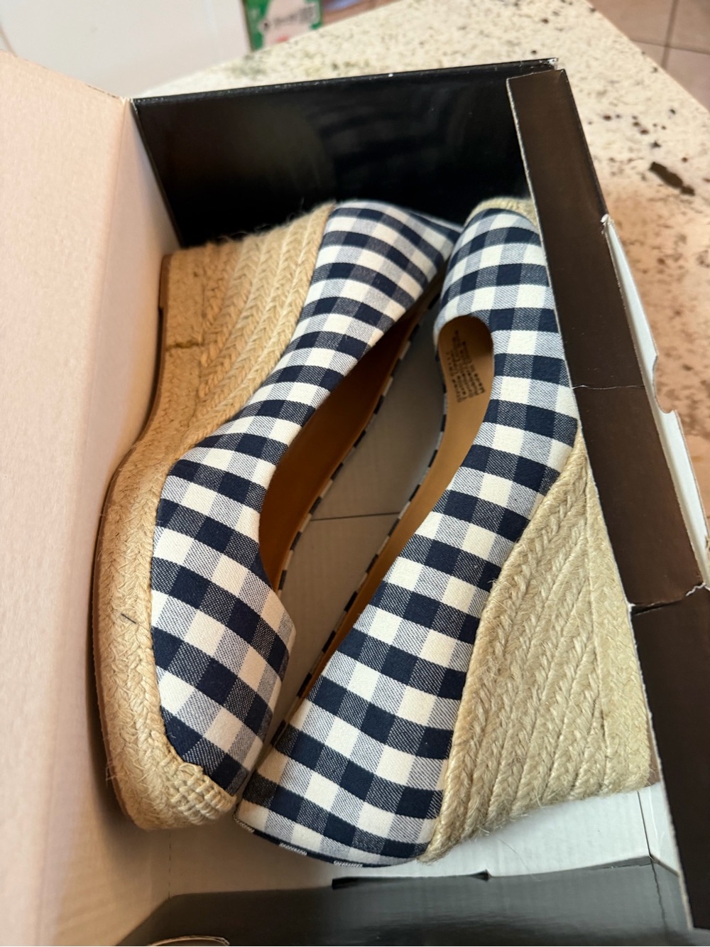 J. Crew Navy and White Gingham Espadrille Wedge Heels - Picture 6 of 7